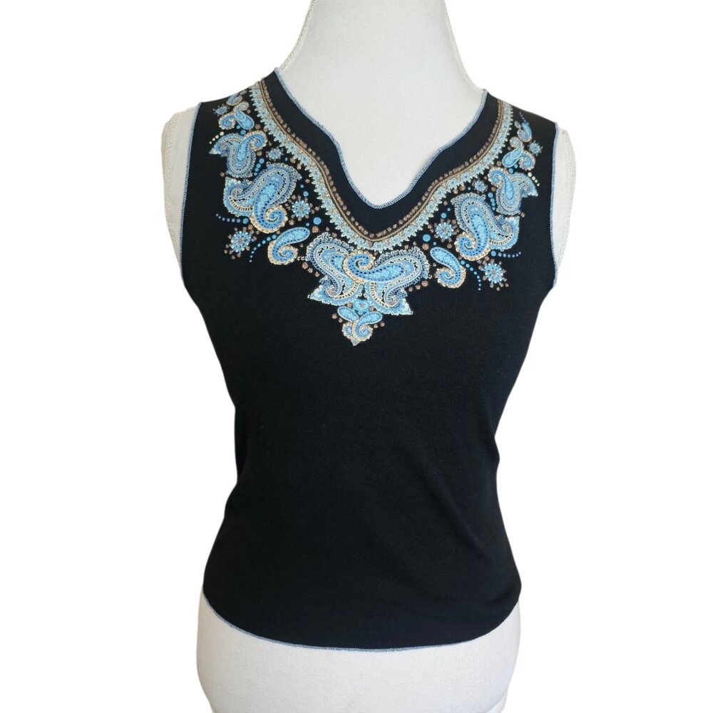 Y2K FANG Black Tank Sleeveless Top Blue Paisley Bronze Glitter Vneck Sz M